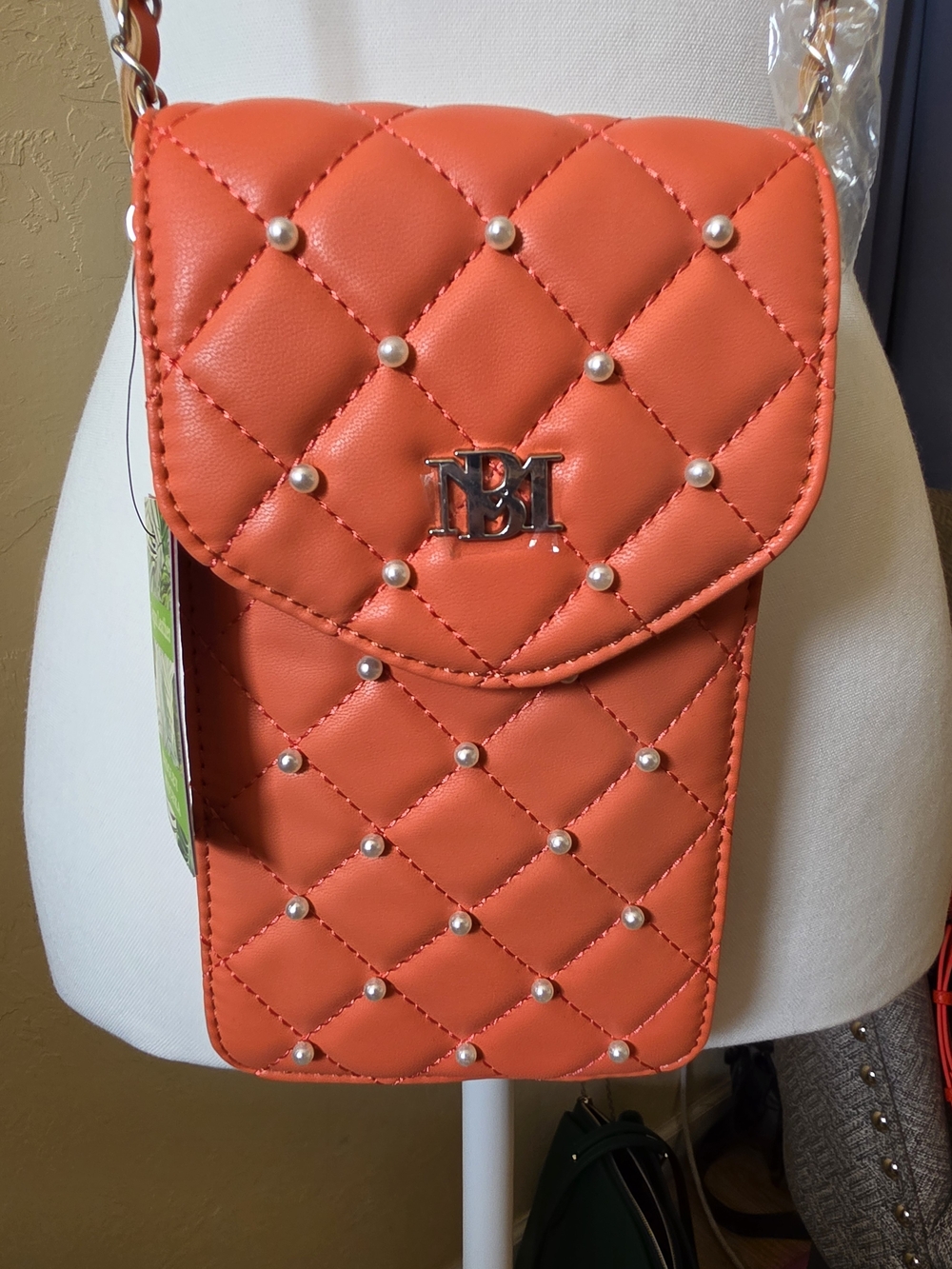 Quilted Pearl-Stud Coral Orange Crossbody Phone & Card Holder